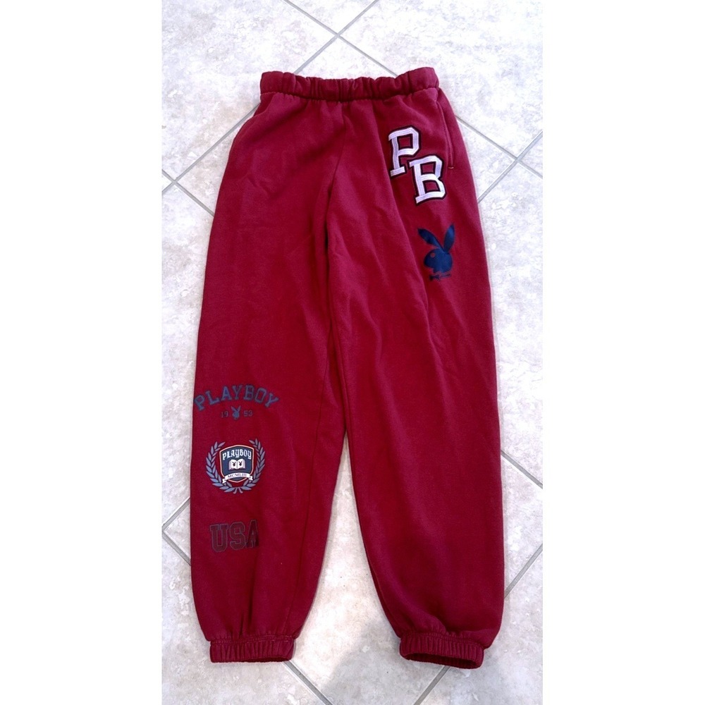 Playboy PacSun Burgundy Red Graphic Jogger Sweatpants XS Collegiate Bunny Logo